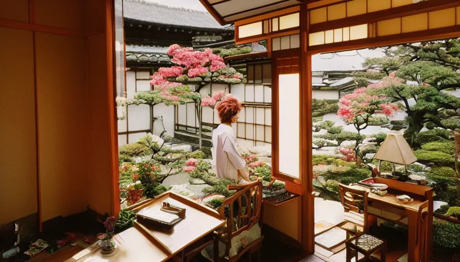 Prompt: 1 9 9 0 s candid 3 5 mm photo of a beautiful day in the a dreamy japanese flowery cottage designed by gucci, cinematic lighting, cinematic look, golden hour, a desk for flower arrangements and journaling has sun shinning on it through a window, temple in the distance, photographed by petra collins, uhd