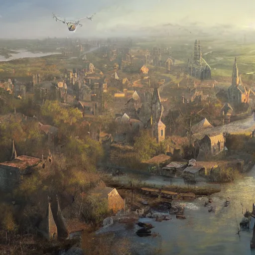 Prompt: high airborne view of a downtrodden medieval town by a river in a swamp surrounded by a tent shanty town, 4k, by Greg Rutkowski, fantasy, mix of celtic and Rus architecture, cinematic