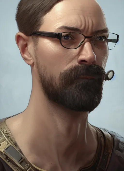 Prompt: asymmetrical!! portrait of a bald soyboy!!, man wearing square glasses, short beard, screaming excided!!, intricate, elegant, highly detailed, digital painting, artstation, biolusence, concept art, smooth, sharp focus, illustration, art by artgerm and greg rutkowski and alphonse mucha, horizon zero dawn 8 k