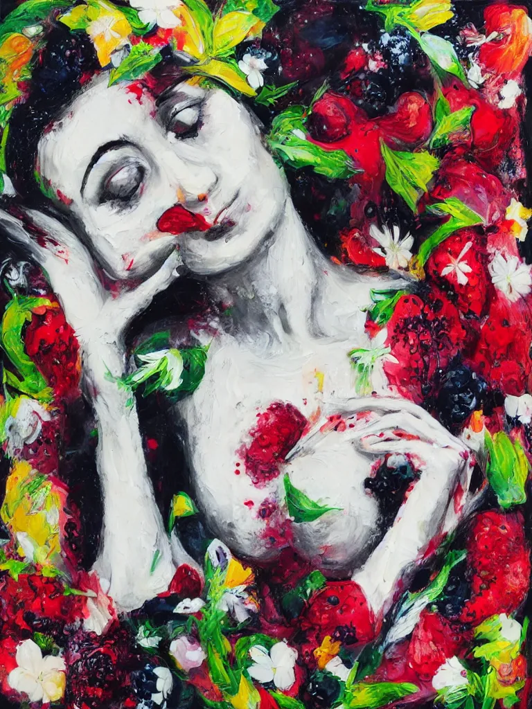 Image similar to “organic, portrait of a woman wearing white silk, neoexpressionist, eating luscious fresh raspberries and strawberries and blueberries, edible flowers, black background, acrylic and spray paint and wax and oilstick on canvas”