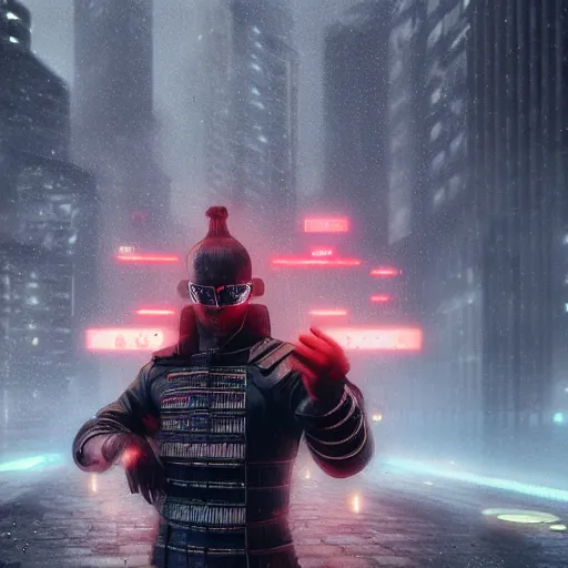 Image similar to cyberpunk samurai in a dytopian future, ultra realistic, fog, raytracing, reflections, rain, octane render