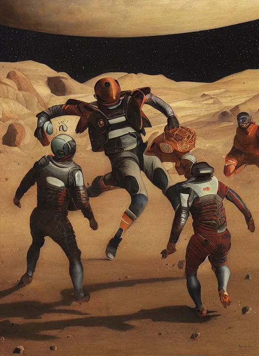 Image similar to a soccer match on mars by edgar maxence and caravaggio and michael whelan and delacroix style, artistic, intricate painting, cinematic lighting, hyper realistic, extremely detailed, establishing shot, 8 k resolution, dramatic lighting