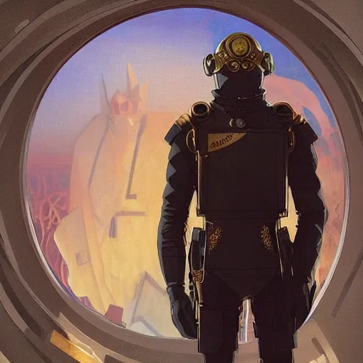 Image similar to uncannily beautiful blonde man, genetically perfect, with distant expression and piercing blue eyes, wearing fascist Byzantine police uniform and standing in ancient bronze arcology airlock, science fiction concept art by Anato Finnstark, Alphonse Mucha, and Greg Rutkowski