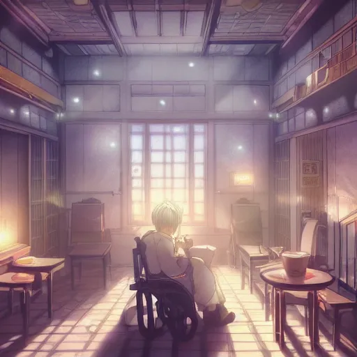 Image similar to interior of the melancholic nursing home, anime fantasy illustration by tomoyuki yamasaki, kyoto studio, madhouse, ufotable, square enix, cinematic lighting, trending on artstation