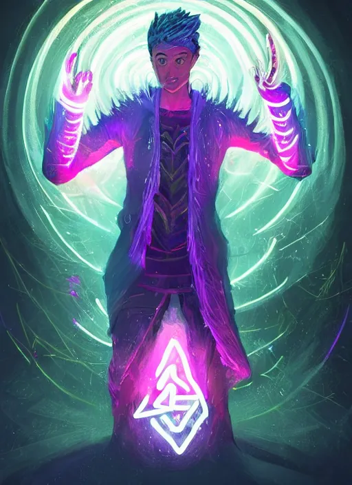 Prompt: character concept !portrait of a handsome young wizard with olive skin and buzzed short spiky hairstyle casting a spell with apleasantly surprised expression. glowing runes in swirling neon light, an iridescent spell book hovering in mid-air. glowing magic dust swirling. intricate, elegant, digital painting, concept art, smooth, sharp focus, illustration, by Ruan Jia and Mandy Jurgens and Artgerm and William-Adolphe Bouguereau