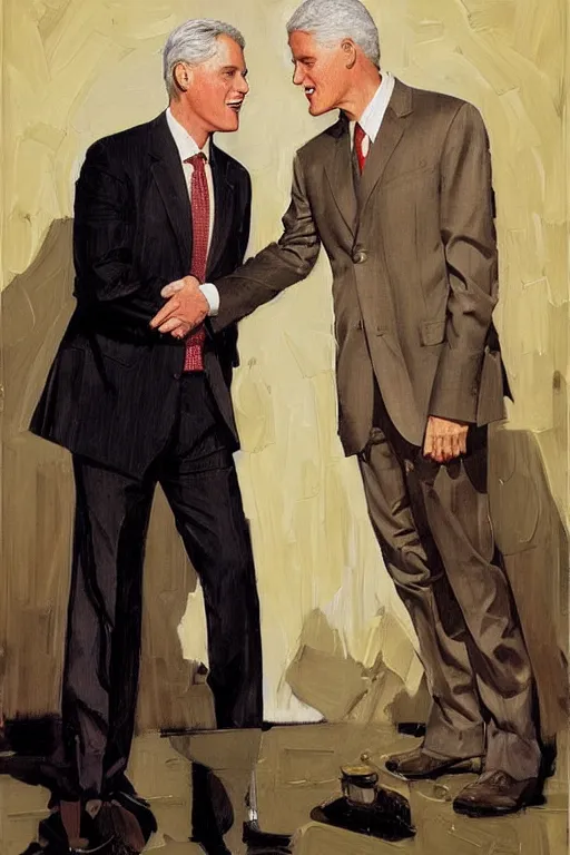 Prompt: jeffrey epstein and bill clinton, painting by jc leyendecker!! phil hale!, angular, brush strokes, painterly, vintage, crisp