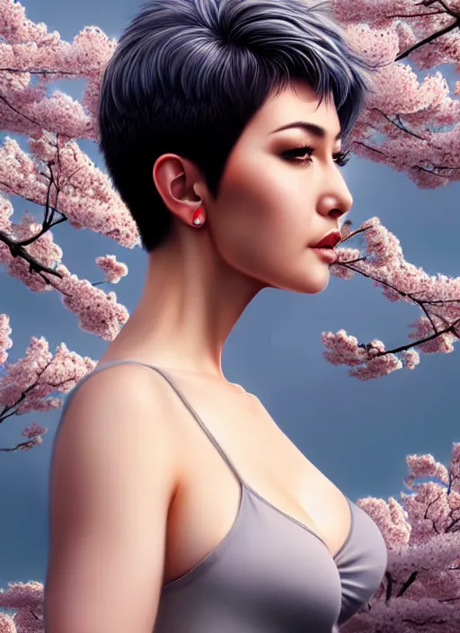 Image similar to photo of a gorgeous female with short gray hair in the style of stefan kostic, realistic, body shot, sharp focus, 8 k high definition, insanely detailed, intricate, elegant, art by stanley lau and artgerm, cherry blossoms