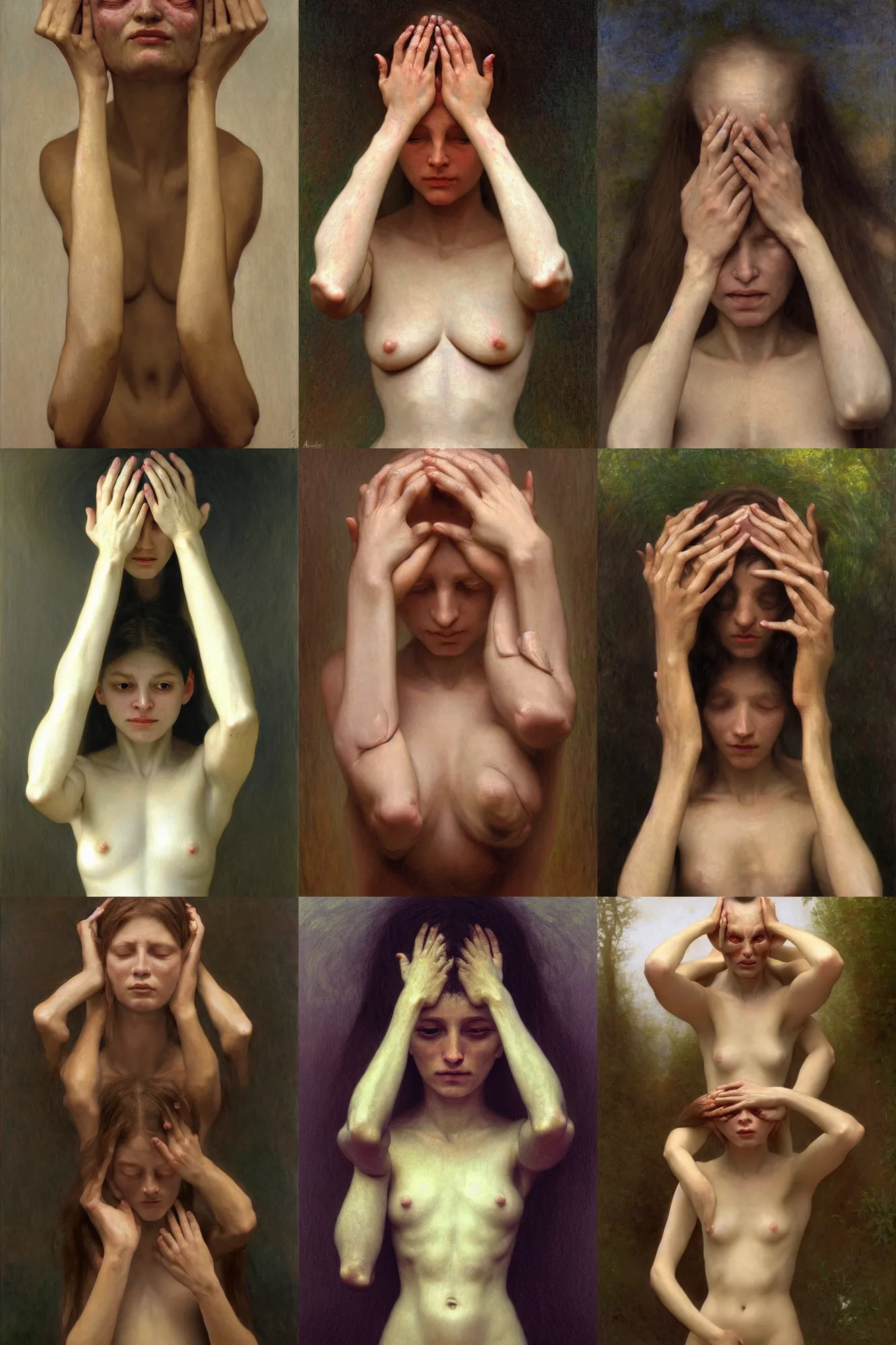 Prompt: photo of a alien woman holding his head with both hands and multiple arms coming out his body by Alyssa Monks, Bouguereau. Full body shot; hyper realism, Realistic proportions, dramatic lighting, high detail 4K