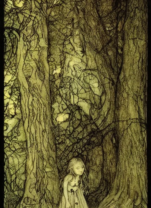 Image similar to little girl in the scary woods, face clearly visible by john bauer, arthur rackham