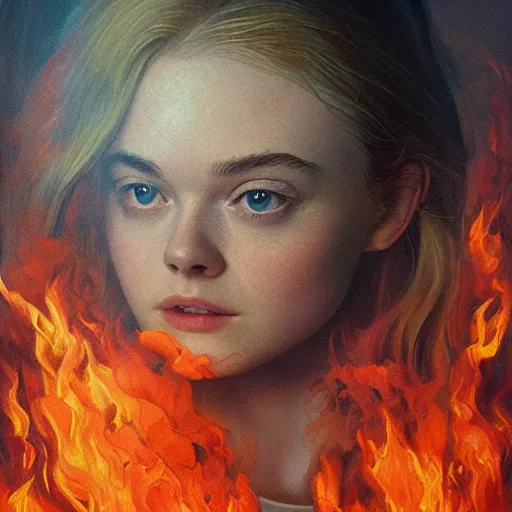 Prompt: Elle Fanning engulfed in flame in a field in the world of Adam Wyeth, head and shoulders portrait, stormy weather, extremely detailed masterpiece, oil on canvas, low-key neon lighting, artstation, Blade Runner 2049, Roger Deakin’s cinematography, by J. C. Leyendecker and Peter Paul Rubens and Edward Hopper and Michael Sowa,