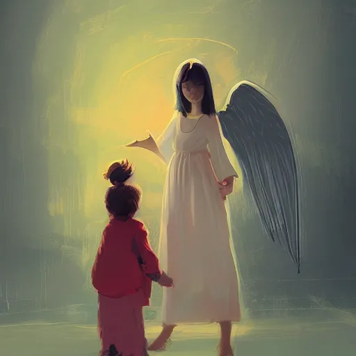 Prompt: Angel protecting child by Alena Aenami, very detailed, deviantart, artstation
