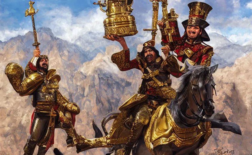 Prompt: smiling spanish conquer soldier francisco pizarro holding golden cup on a inca temple, highly detailed, digital painting, artstation, concept art, sharp focus, dreamy illustration, art by katsuhiro otomo, magali villeneuve, artgerm, rutkowski jeremy lipkin and giuseppe dangelico pino and michael garmash and rob rey