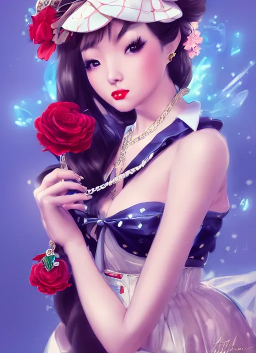 Image similar to a pin up and beautiful fashion dreamlke japan girl with lv jewelry, character art, art by artgerm, wlop, loish, hyperdetailed, 8 k realistic, symmetrical, global illumination, radiant light, frostbite 3 engine, cryengine, dof, trending on artstation, digital art, chanel, dior, detailed background