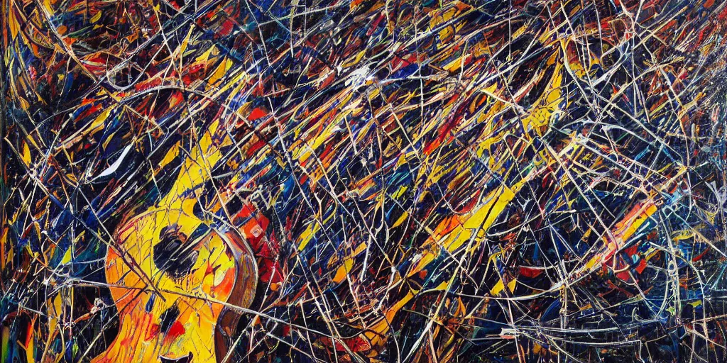 Prompt: an ultra detailed oil painting where the strings section of a symphony is interpreted by applied paint strokes, hyper - detailed, structured, grid, sheet music, pops of triadic colors, jackson pollock, pierre soulages