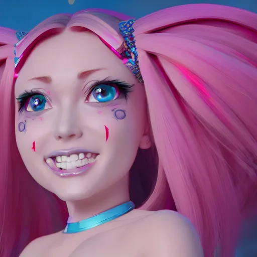 Image similar to stunningly beautiful omnipotent megalomaniacal anime goddess with porcelain skin, pink twintail hair and mesmerizing cyan eyes, symmetrical perfect face smiling in a mischievous, devious and haughty way while looking down upon the viewer, mid view, hyperdetailed, 2 d, unreal engine 5, 8 k