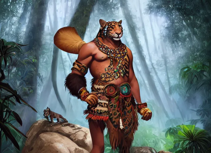 Prompt: character portrait feature of the anthro male anthropomorphic jaguar fursona animal person wearing shaman tribal outfit robes belt standing in the amazon rainforest, character design stylized by charlie bowater, ross tran, artgerm, makoto shinkai, detailed, soft lighting, rendered in octane