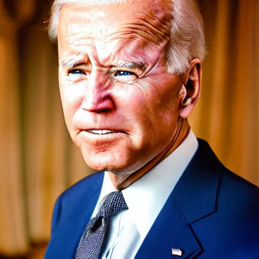 Image similar to Highly detailed close-up photograph of President Joe Biden’s face, slight smirk, single tear rolling down his cheek, photography by Steve McCurry, backlit