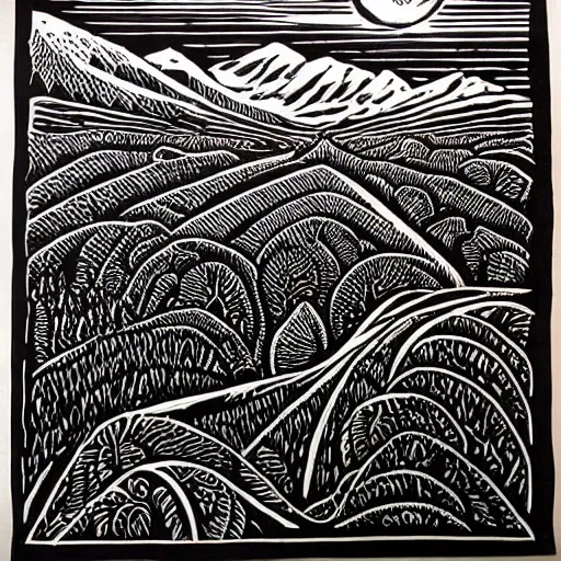 Prompt: intricate, detailed, Linocut Art on paper of canadian fields and mountains. Epic Latin American Linocut Art by leopoldo mendez.