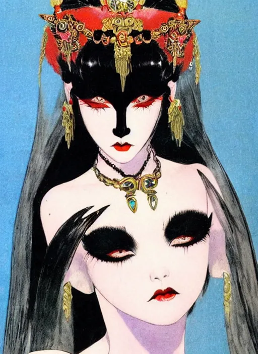 Image similar to junoesque female korean vampiress, jeweled headdress, heavy mascara, strong line, saturated color, beautiful! coherent! by frank frazetta, high contrast, minimalism