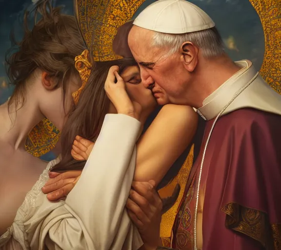 Image similar to photography of a pope kissing the breast of a sensual woman, deep focus, intricate, elegant, highly detailed, digital painting, artstation, concept art, matte, sharp focus, illustration, art by artgerm and greg rutkowski and alphonse mucha