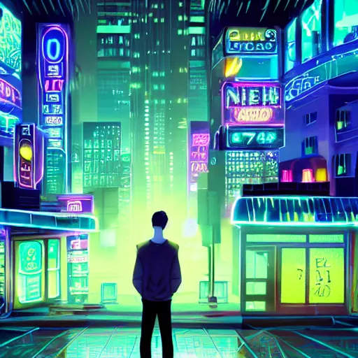 Prompt: one man standing in front of a cyberperunk city, neon lights, anime, night, very beautiful, trending on deviantart,