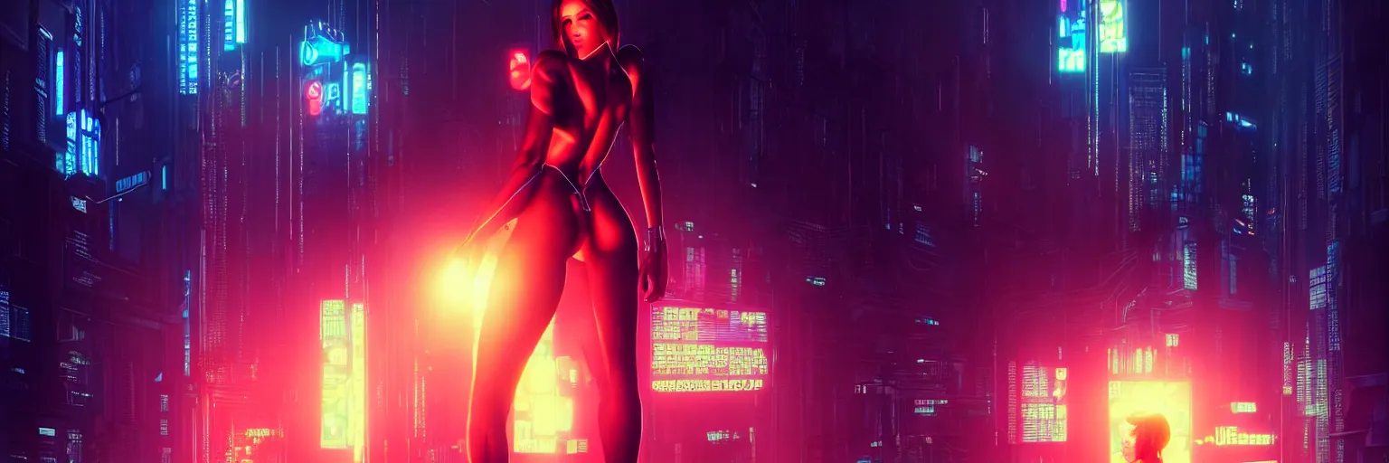 Image similar to backlit photography of a female humanoid in a cyberpunk cityscape, half body cropping, elegant glamor pose, accurate anatomy, cyber led neon lighting, bokeh, rule of thirds, hyper photorealistic, crispy quality, digital photography, art by pascal blanche, art by artgerm, art by greg rutkowski,