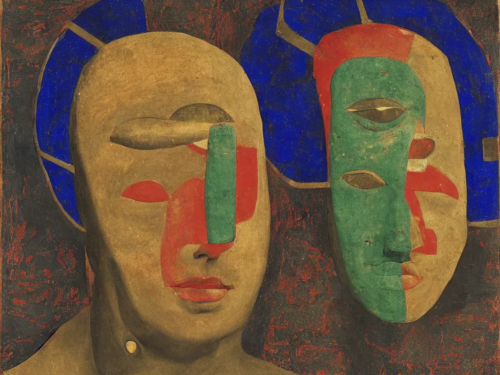 Image similar to portrait of a deity head with painted archaic totemic oceanian mask. lapis lazuli, malachite, cinnabar, petrol, gold. painting by piero della francesca, balthus, agnes pelton