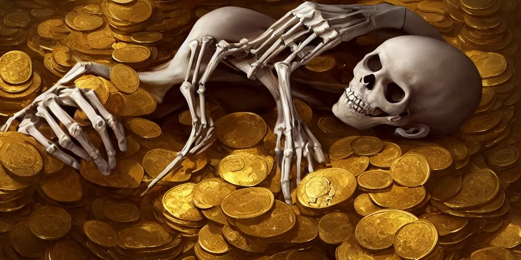 Prompt: concept art of a skeleton laying in the middle of golden coins and precious jewels, pearl, rubi, diamonds, painting by wlop, nixeu and greg rutkowski, beautiful, semirealism, artstation, octane render, oil painting, sharpness, 8 k, golden ratio