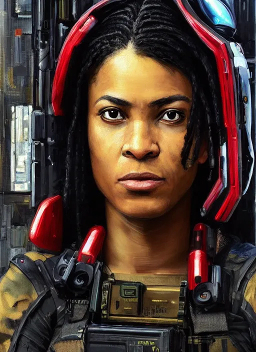 Prompt: Sgt. Selina Igwe. Strong cyberpunk female USN Assault commando with cyberpunk eyepiece and wearing a military combat vest and stealth suit (cyberpunk 2077, bladerunner 2049). gorgeous face. Iranian orientalist portrait by john william waterhouse and Edwin Longsden Long and Theodore Ralli and Nasreddine Dinet, oil on canvas. Cinematic, hyper realism, realistic proportions, dramatic lighting, high detail 4k