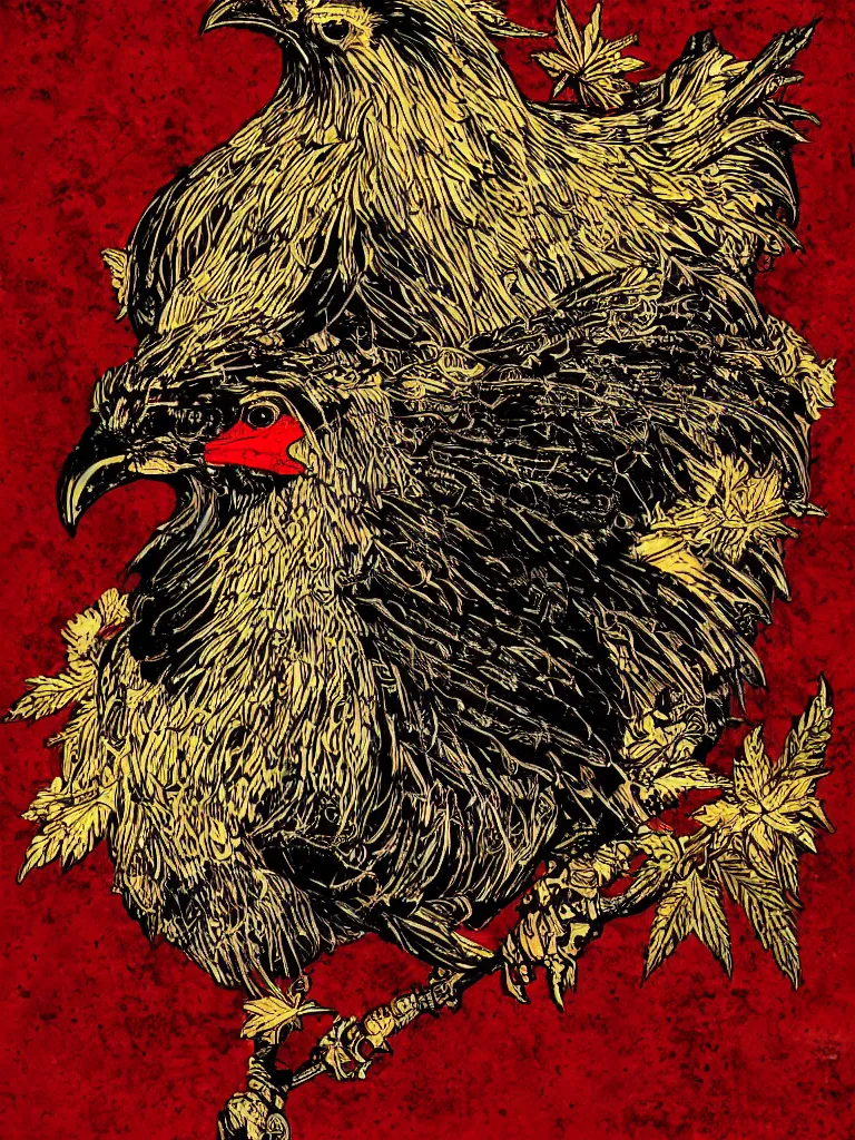 Prompt: dark military portrait of a majestic Fat!!!! Black Rooster, the King of rooster old decrepit tarot card, avian warrior, red gold black royal tarot card background, with blunt brown border and Cannabis trees, ultra-detailed pen and ink illustration, vibrant red colour and shiny gold, sharp focus, matte painting, symmetrical, golden ratio, cgsociety, concept art, 8k, octane render, artstation, art by Gerald Brom