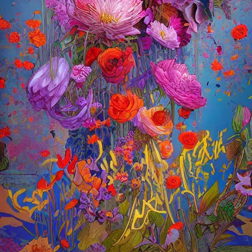 Image similar to a messy group of flowers, flowers with very long petals, summer sunlight, hard light and long shadows, neon glowing, vivid, detailed painting, by James Jean and Ross Tran, masterpiece, award winning painting