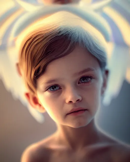 Image similar to small Angel in potrait, prismatic highlights, atmosphere, gorgeous, depth of field, cinematic, macro, concept art, 50mm, artstation, wlop, elegant, weta digital, focus, octane render, v-ray, 8k, kodak portra, art by Liberatore