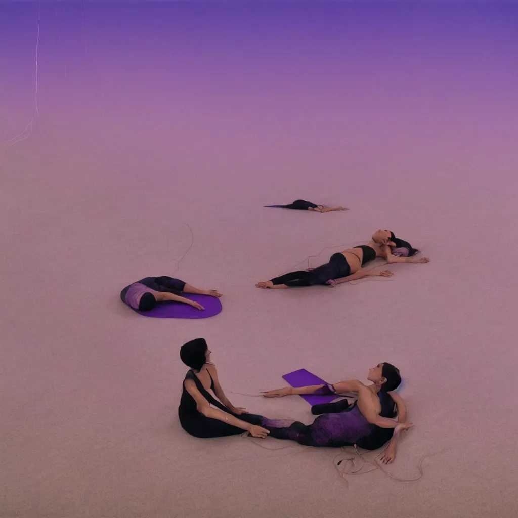 Image similar to cinestill medium view of iridiscent oil spill in desert dunes of sand tempest with women corpses connected by cables and computers to wax forms to a buried baby relaxing on yoga mat, faded, purple gradient, dust, purple fog, depth of field, by werner herzog, hans bellmer and nadav kander, 8 k, sad atmosphere, cinematic