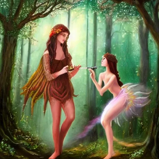 Prompt: a beautiful fantasy painting of a petite caucasian brunette smoking a j with a forest fairy in a enchanted forest