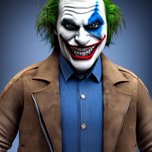Prompt: 3 d render of a photorealistic human troll face with joker makeup wearing a suede leather jacket blue jeans, 8 k, very detailed, very intricate, white background,