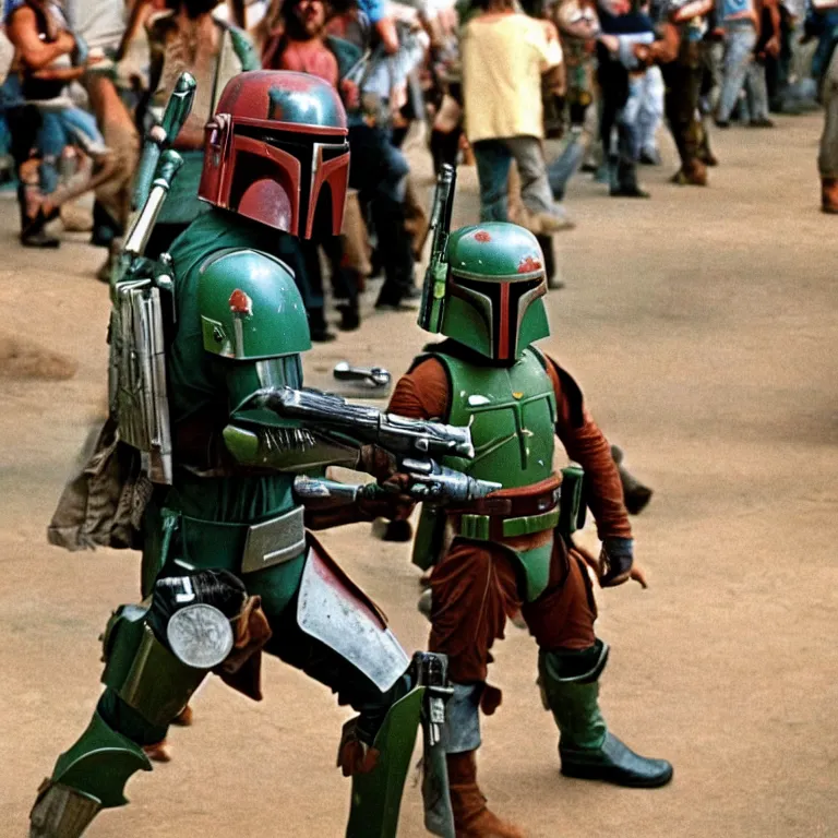 Image similar to photo of boba fett at woodstock, 1 9 6 9, 3 5 mm film, fuji velvia