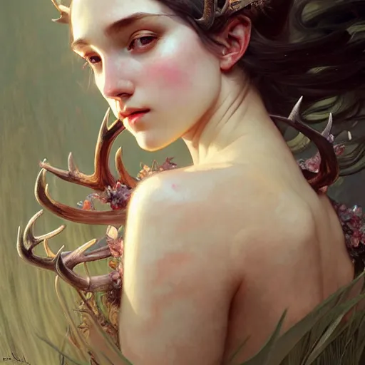 Image similar to A portrait of a girl with large antlers, face, fantasy, intricate, elegant, highly detailed, digital painting, artstation, concept art, smooth, sharp focus, illustration, art by Krenz Cushart and Artem Demura and alphonse mucha