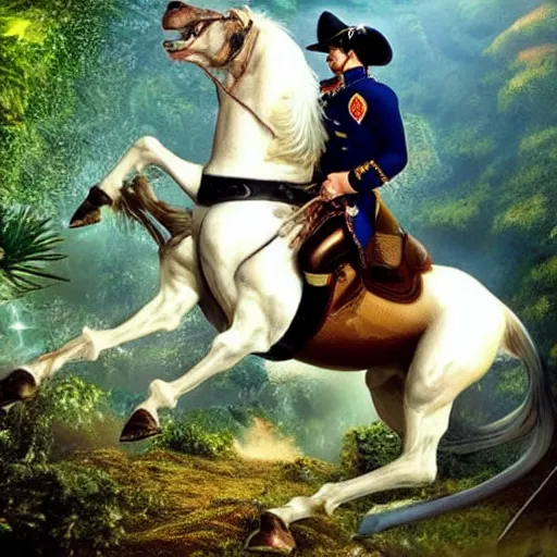 Prompt: ultra realistic Napoleon riding a horse in a jungle, dinosaurs, t-Rex, ultraHD