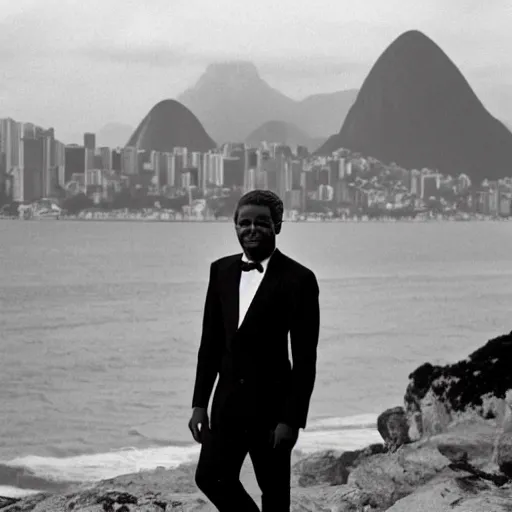 Image similar to vintage photo of a black man wearing a black suit in front of rio de janeiro