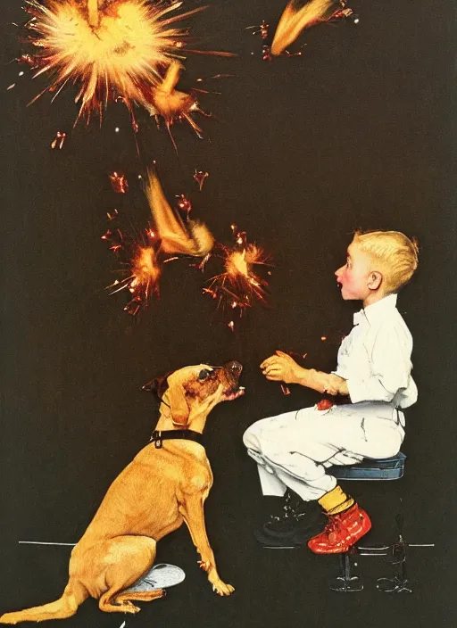 Image similar to a norman rockwell painting of an exploding dog