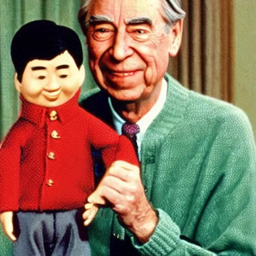 Image similar to mr. rogers and mao zedong pulling a wishbone, color photo.