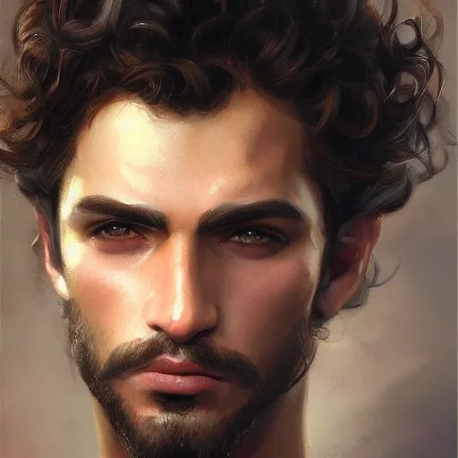 Prompt: portrait of a young italian male, very curly dark shoulder length hair, round nose, angular eyebrows, short patchy beard, closeup portrait, elegant, highly detailed, oil painting, artstation, concept art, matte, sharp focus, illustration, hearthstone, art by earl norem