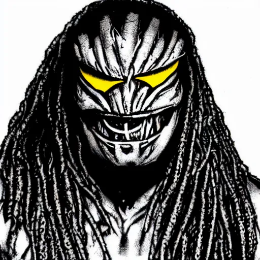 Image similar to wall street journal hedcut portrait of predator from the movie predator