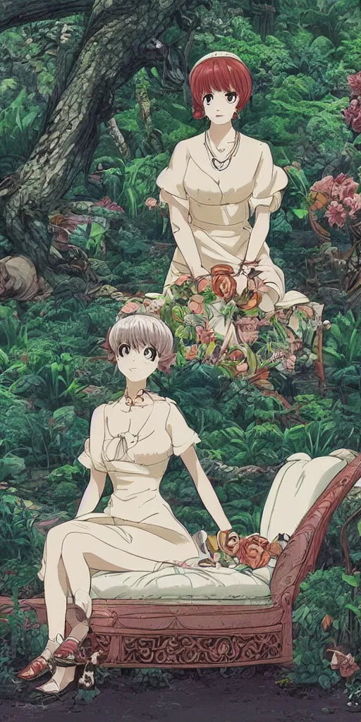 Prompt: the queen of good vibes sitting by herself on a sofa in a forest, drawn by CloverWorks, intricate detail, elegant, beauty