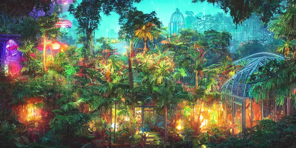 Prompt: tropical greenhouse garden, neon lights, mythology, fairy tale, urban landscape, evening, highly detailed, low angle view, artstation, in the style of aetherpunk