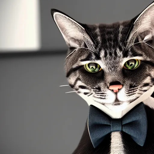 Image similar to photorealistic portrait of a cat with suit and bow tie, 8k, octane render, unreal engine 5, detailed