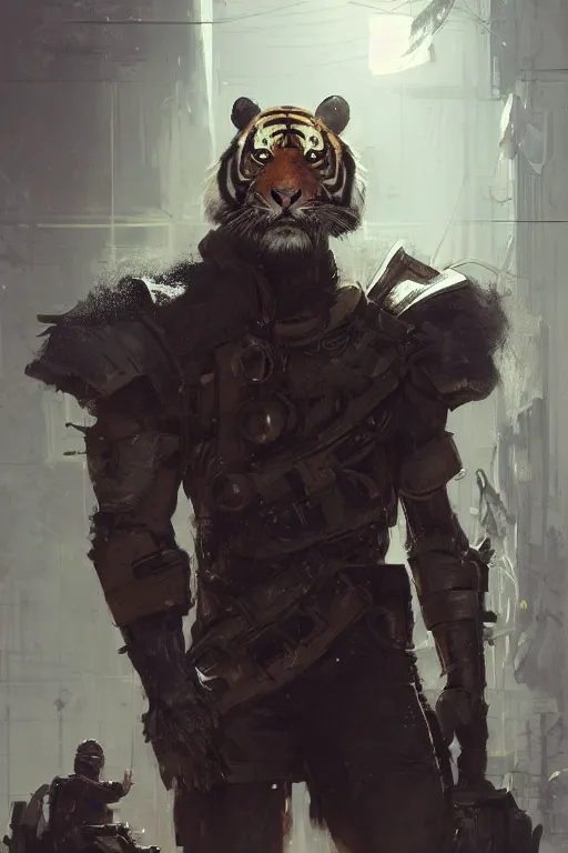 Image similar to portrait male anthro tiger dressed in military clothes character full body precis no blur, concept art, character sheet, nier automata, gaston bussiere, greg rutkowski, tsutomu nihei, cyberpunk, trending on artstation, featured on pixiv, hyper detail, cinematic composition, 8 k, detailed face