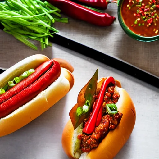 Prompt: “Chicago-style hot dog with Sichuan hot pot dried chili peppers, Sichuan peppercorn sauce and green onions, award winning photography, 40mm, f4”