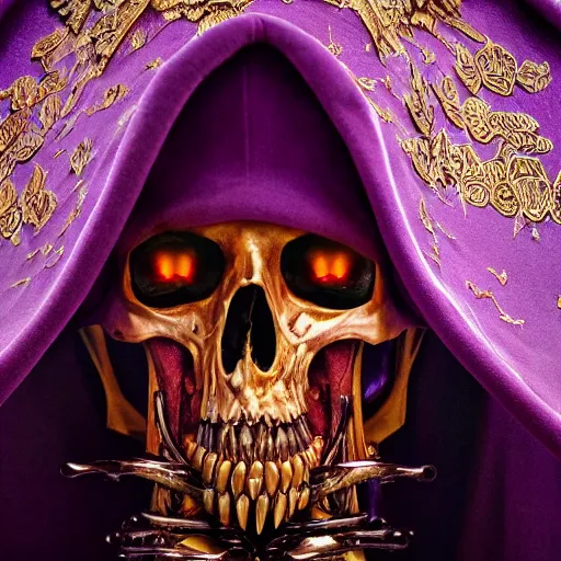 Prompt: photorealistic still portrait photograph of ainz looking at the camera, overlord, regal purple gold robe, large red shoulder rubies, depth of field, soft focus, highly detailed, intricate, realistic, national geographic cover, textured detailed skeleton, professional archeological photograph