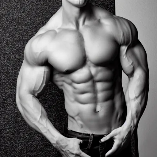 Image similar to very muscular chad man is so muscular that his biceps have biceps, flexing arms, studio photograph, black and white